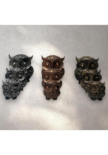 Dekoratif Polyester Üçlü Baykuş Biblo Set Gümüş Eskitme