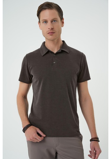Slim Fit Düğmeli Polo Yaka Pamuklu Koyu Vizon Tişört Ts 879 Vizon