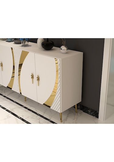 Handle Konsol Tv Sehpası Çok Amaçlı Dolap 150 Cm Beyaz Altın