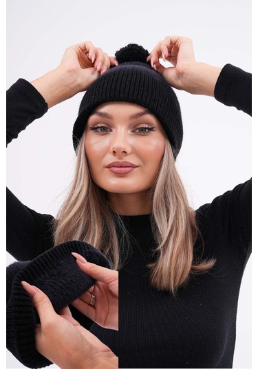 Peluş Ponponlu Bere Siyah