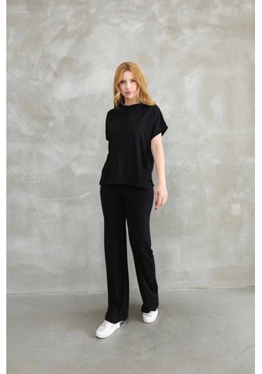 Osy Modal Yumuşak Dokulu Kumaş Bisiklet Yaka Kısa Kollu Takım - Siyah Siyah