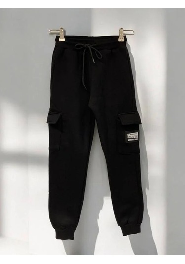 Çocuk Beli Paçası Lastikli Şardonlu Kalın Eşofman Alt-15364 Siyah