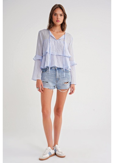 4735 Kadın Uzun Kollu Fırfırlı Bağlamalı Bluz Bebe Mavi Bebe Mavi