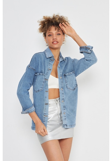 Kutaf Buz Mavi Çift Cep Detaylı Tam Kalıp Denim Gömlek Bebe Mavi