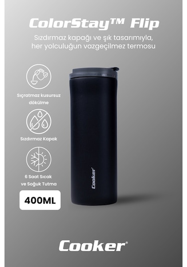 Cooker 400 Ml Paslanmaz Çelik Mug Kahve Çay Termosu Ckr2041 Siyah - 6 Saat Sıcak Soğuk - Kamp, Outdoor, Piknik, Ofis, Otel, Kafe, Okul, Seyahat Siyah