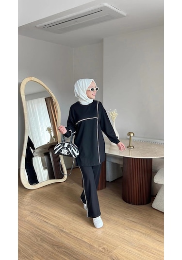 Olivia Kadın Mevsimlik Penye Alt Üst Spor Ve Rahat Tesettür İkili Takım Siyah