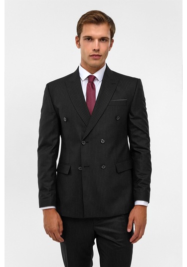 SÜVARİ Siyah Slim Çizgili Sivri Yaka 6 Drop Takım Elbise