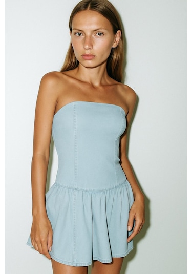Bandeau Denim Elbise Açık Mavi