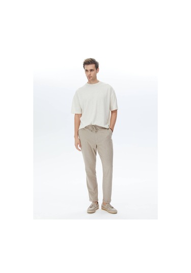 Kip Bej Jakarlı Bisiklet Yaka Keten Karışımlı T-shirt Çok Renkli