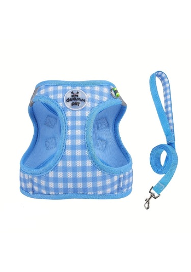 Kareli Kedi Köpek Göğüs / Gezdirme Seti Mavi