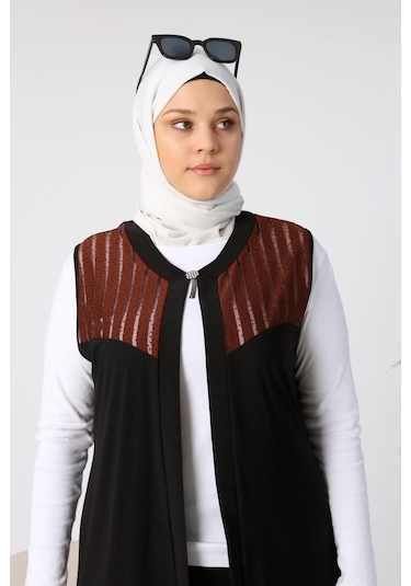 Kadin Buyuk Beden Transparan Taşlı Uzun Yelek 001