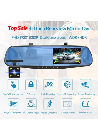 E-aec Dashcam Araba Dvr 4.3 Inç Ayna Fhd 1080p Kamera Çift Lens Dvr Dikiz A08 None