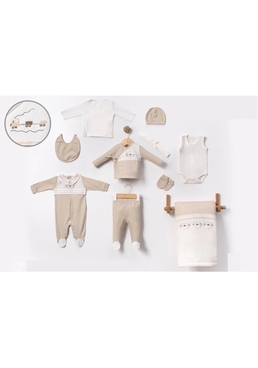 Tren Nakışlı Bebe Erkek Hastane Çıkışı 10'lu Set Bej