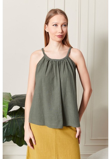 Şık Farklı Tarz Keten Işıl Bluz - Zarif Ve Modern Tasarım Haki