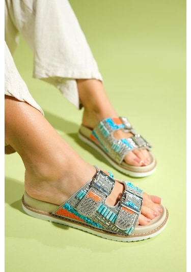 Luvishoes Lanso Bej Taşlı Çift Bantlı Kadın Terlik Bej
