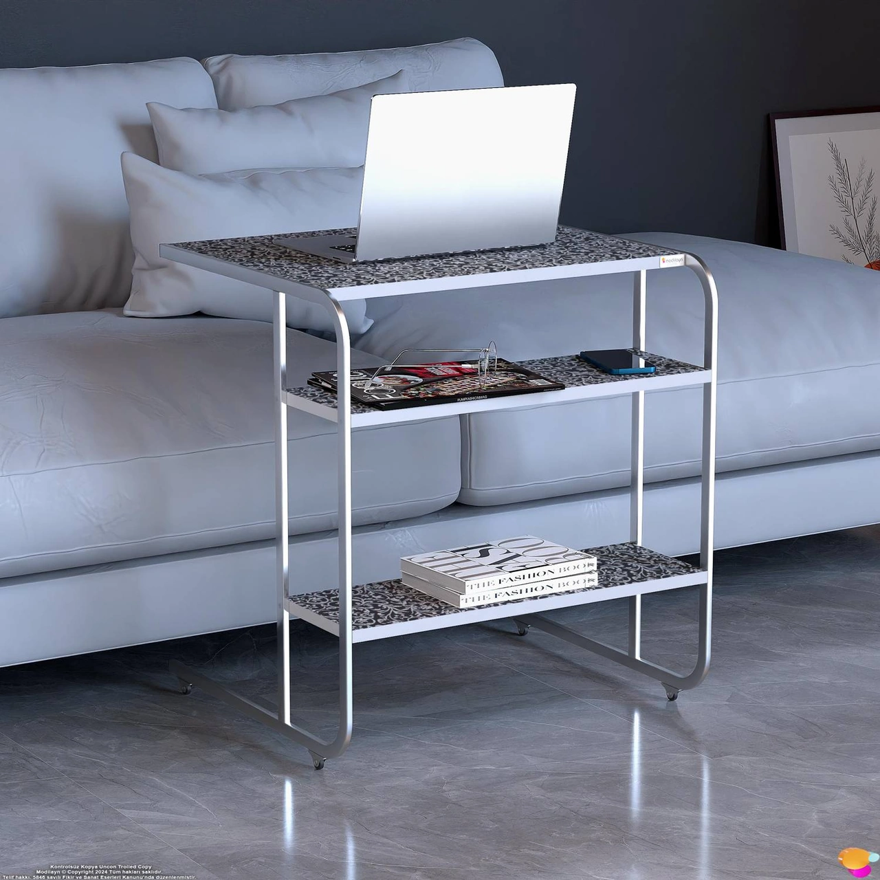 Modilayn C Yan Sehpa Geniş Boy Tekerlekli Çalışma, Atıştırmalık, Yemek, Laptop Sehpası Siyah Desenli Siyah