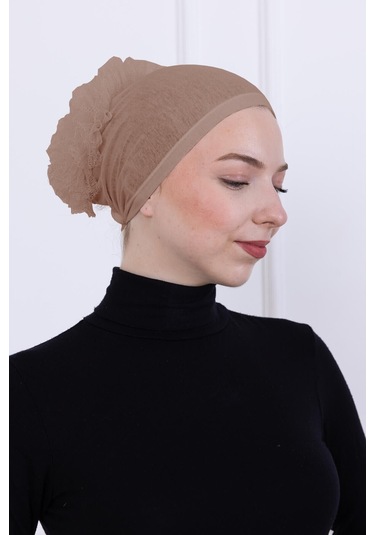 Fırfırlı Önden Dikişli Penye Bone - Kadın Tesettür Bağlamalı Topuz İç Bone-vizon Vizon