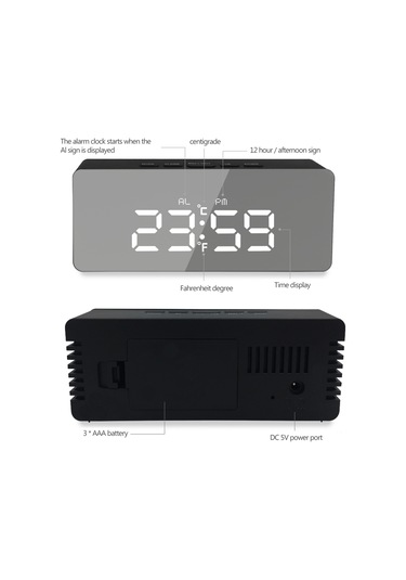 Youtek Masaüstü Dijital Alarm Saati Siyah Kasa Beyaz Yazı - Usb Şarjlı, Ayna Yüzeyli, Abs Malzeme Siyah