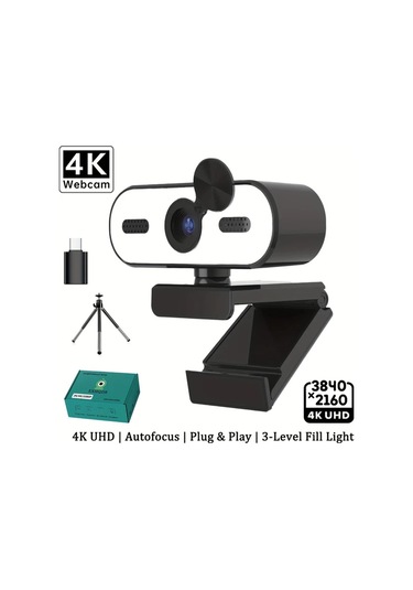 Xuweiwei Q9 4k Ultra Hd Usb Webcam Otomatik Odaklama 3 Seviye Halka Işığı Gizlilik Kapağı 360 Derece Tripod