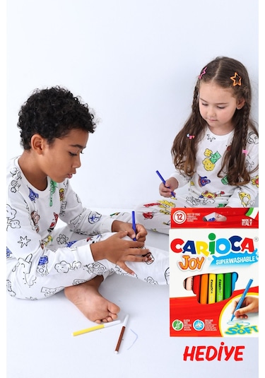 Zuzunga En Sevimli Figürler Özel Kalemi İle Boyanabilir Çocuk Pijama Takımı 12'li Kalem Seti Hediye Beyaz1 Beyaz