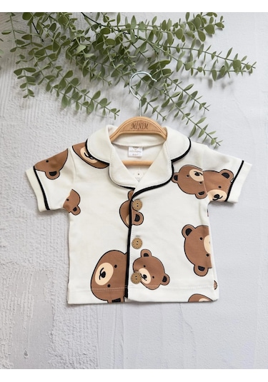 Ayıcık Baskılı Yazlık Pijama Takımı -1163 Beyaz