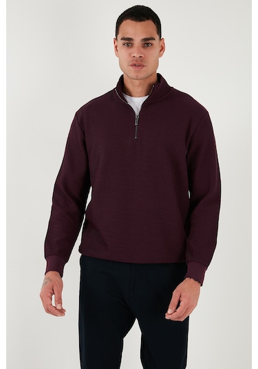 Buratti Pamuklu Regular Fit Yarım Fermuarlı Dik Yaka Erkek Sweat 5905716 Vişne
