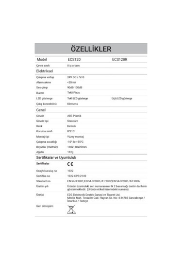 Eds Ecsı20 Dahili Yangın Sireni 1 Led Gösterge