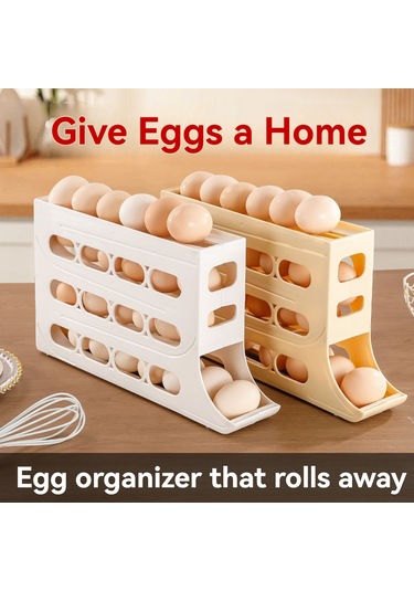 Ximistore9 Beyaz Otomatik Yuvarlanan 30 Yumurta Depolama Kutusu, Çift Katlı Buzdolabı Kapısı Organizatörü - 1 Adet Beyaz