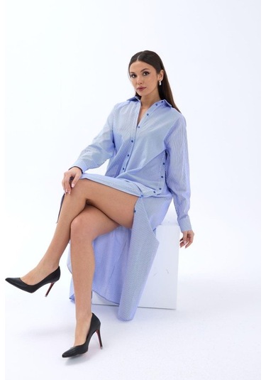 The İstanbul 5857 Elbise-mavi Beyaz Çizgili Altın