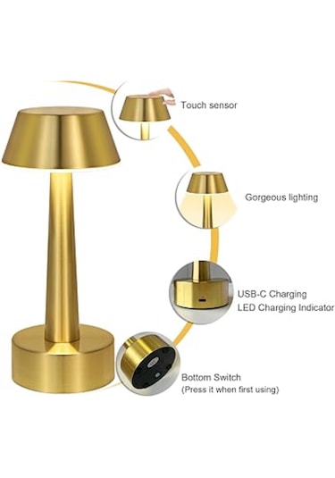 Işık Ayarlı Dokunmatik Mantar Masa Lambası Metal 3 Işık Renkli Şarjlı Masa Lambası Gold Altın