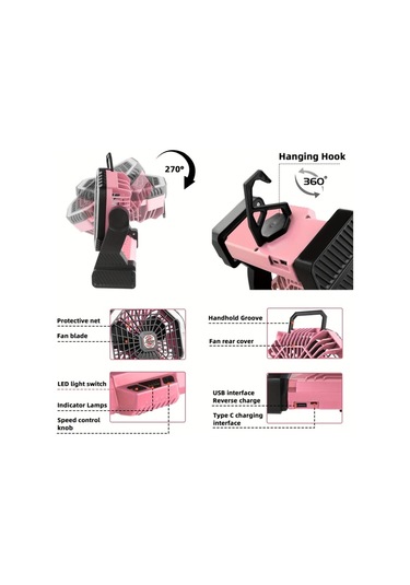 Motion003 Roykaw 10000mah Sarj Edilebilir Kamp Fanli Telefon Sarjli Led Aydinlatmali Cadir Fan Pembe