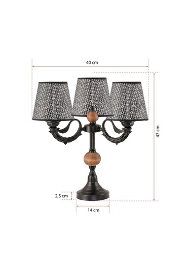 Üçlü Şamdan Masa Lambası Abajur Siyah Siyah Rattan Hasır Şapkalı Siyah