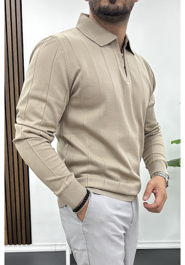 Erkek Yarım Fermuarlı Polo Yaka Mevsimlik Kazak Kahverengi Edw195 Kahverengi