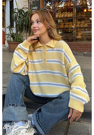 Sarı Polo Yaka Çizgili Kadın Triko Kazak Mg2469 Sarı