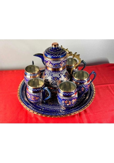 Bakır Ayran Ve İçecek Seti 6 Kişilik Moskova Bardak Yuvarlak Teps