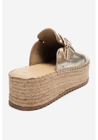 Luvishoes Novas Altın Hakiki Deri Burnu Kapalı Hasır Dolgu Taban Terlik Altın