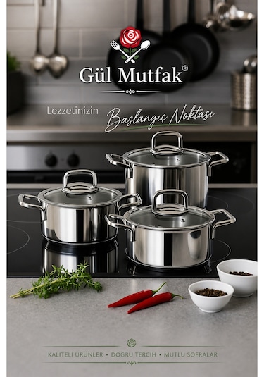 6 Parça Tencere Seti Cam Kapak Paslanmaz Çelik 16-18-20 Cm Gümüş