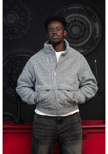 Oversize Crop Model Yan Cepli Astarlı Kırçıllı Mont Gri