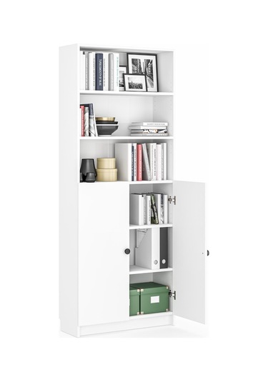 Bili Kitaplık 5 Raflı 2 Kapaklı Çok Amaçlı Ofis Salon Kitap Dosya Rafı Beyaz Beyaz