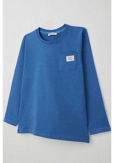 Breeze Erkek Çocuk Uzun Kollu Tişört Cool Yazı Armalı Cepli 4-8 Yaş, Saks Mavisi Saks
