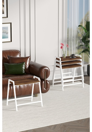 Zigon Sehpa , Aden 4'lü Tepsi Zigon Sehpa Takımı Beyaz Metal - Barok Tabla Beyaz-barok