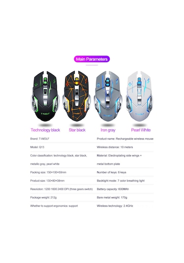 Geeroyoo T-wolf Q13 Kablosuz Fare - 3 Dpı Ayarı, Şarj Edilebilir, Sessiz Tıklama, Pc/laptop İçin Ergonomik Tasarım Diğer