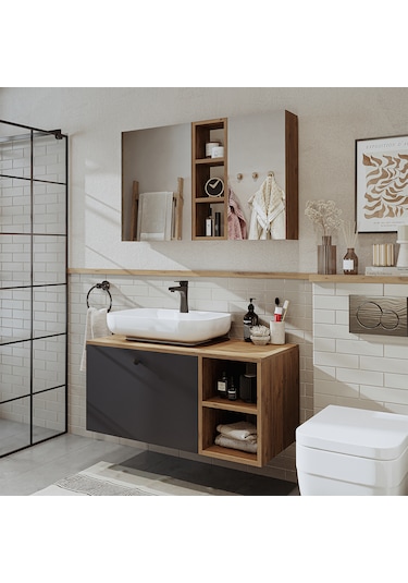 Lavabolu Mdf 95 Cm Lotus Oval Lavabolu Banyo Atlantik Çam - Antrasit