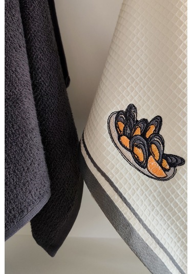 2 Li Mutfak Havlusu %100 Pamuk - Midye Nakışlı - 40x60 Cm Antrasıt Antrasit