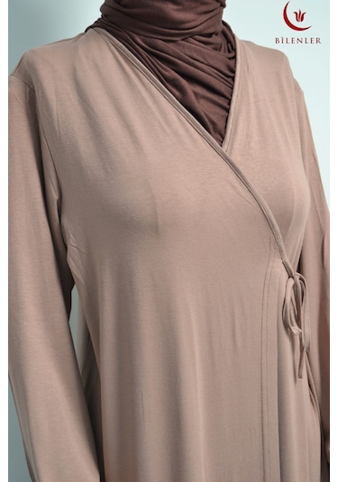 Kadın Yandan Bağlamalı Pamuklu Penye Namaz Elbisesi 38-48 Beden Vizon