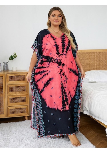 Edolynsa Karpuz Kırmızısı Baskılı Bohem Kaftan Kadın Bornoz Plaj Elbisesi Rahat Çok Yönlü Taze Elbise Mayo Örtüsü Q1464 Çok Renkli