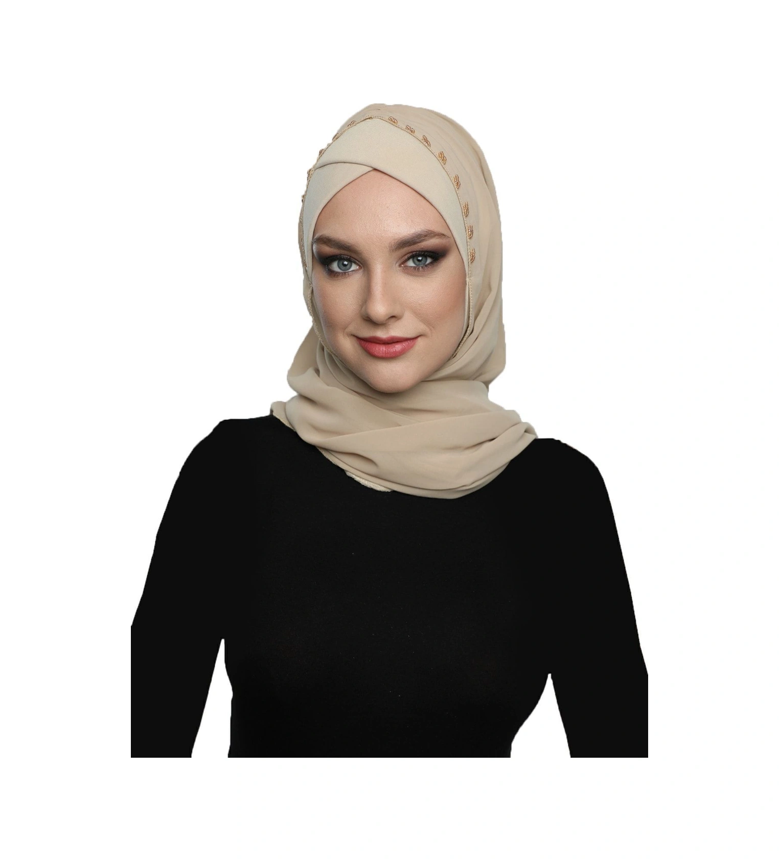 Şallı Takmatik Taşlı Bej Hazır Türban Tesettür Bone Namaz Örtüsü Bej