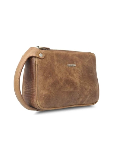 Guard Antik Taba Unisex Çift Fermuarlı El Çantası Hakiki Deri