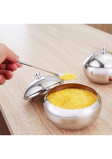 Pazly Paslanmaz Çelik Baharat Tencere Tuz Kutusu Şeker Kase Çeşni Caddy Konteyner Tutucu Kaşık Kapaklı Gümüş M Boyut Gümüş