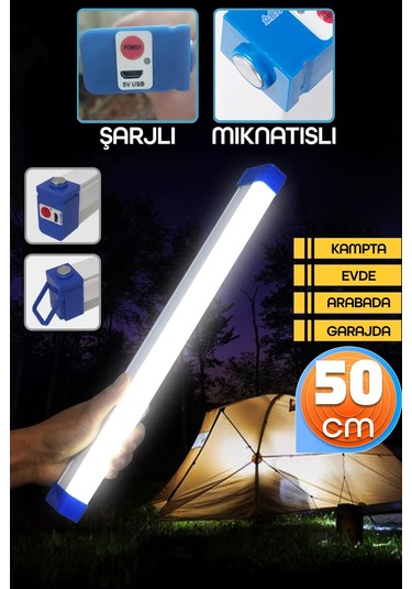 Şarjlı Işıldak Mıknatıslı Kamp Lambası 1500 Lm 3 Mod Elektrikli Acil Durum El Feneri 50cm Pr305 Beyaz